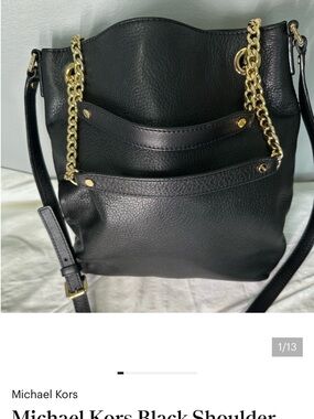 Michael Kors Black Pebbled Leather Shoulder Bag with Gold Chain Detail